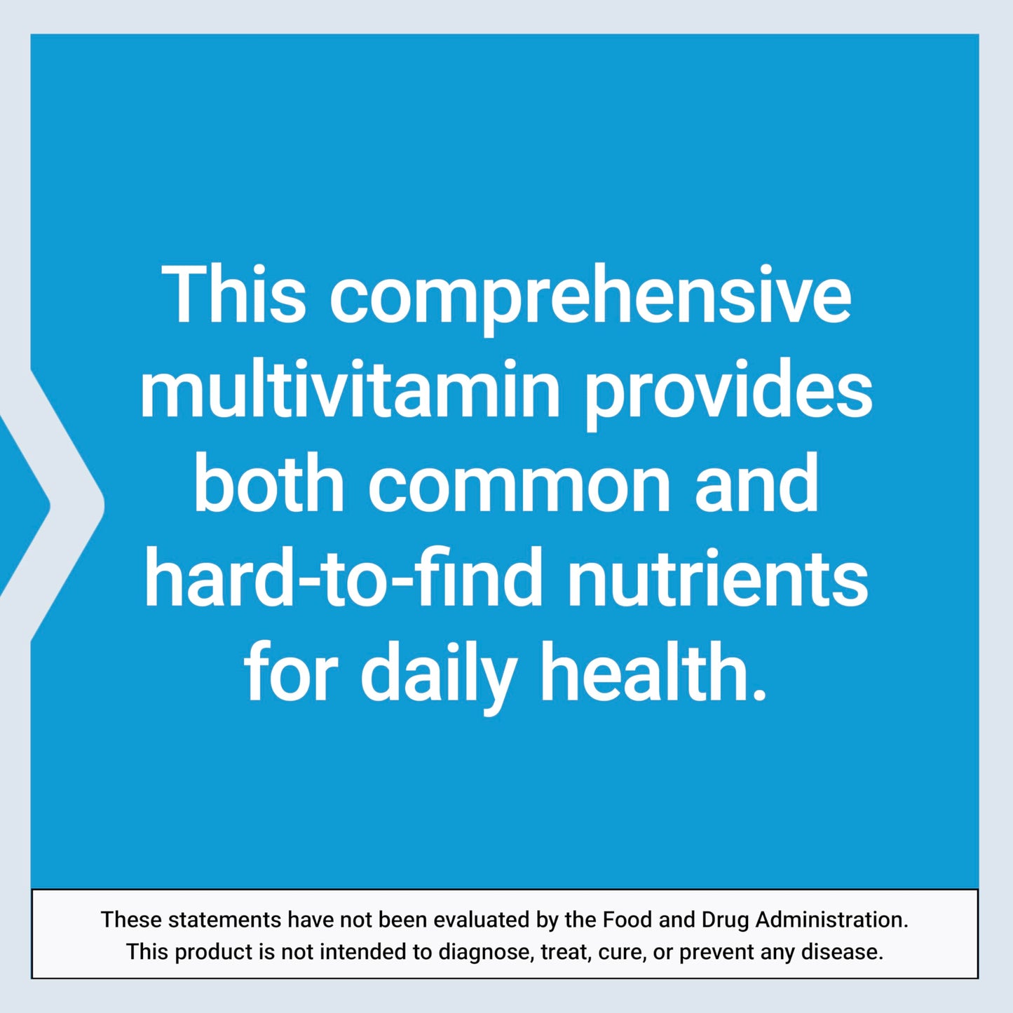 Blue background with white text about a comprehensive multivitamin.