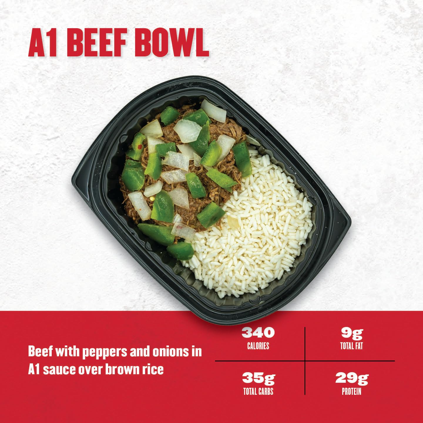 A1 Beef Bowl packaging with beef, peppers, onions, and rice on a white background