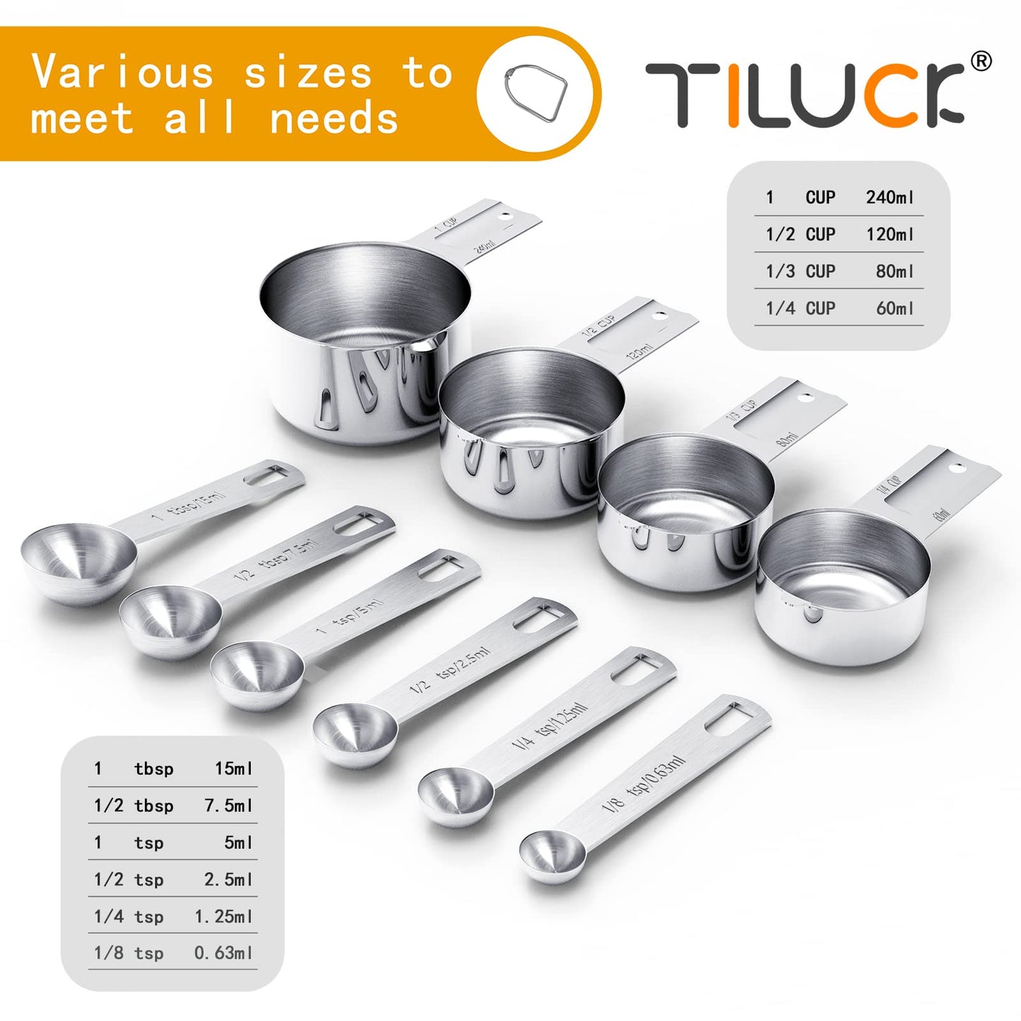 Set of stainless steel measuring cups and spoons with labels on a white background, featuring the brand 'TILUCK'.
