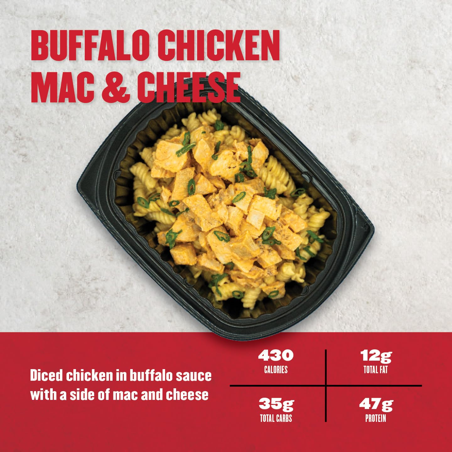 Packaged Buffalo Chicken Mac & Cheese with nutritional information on a gray background
