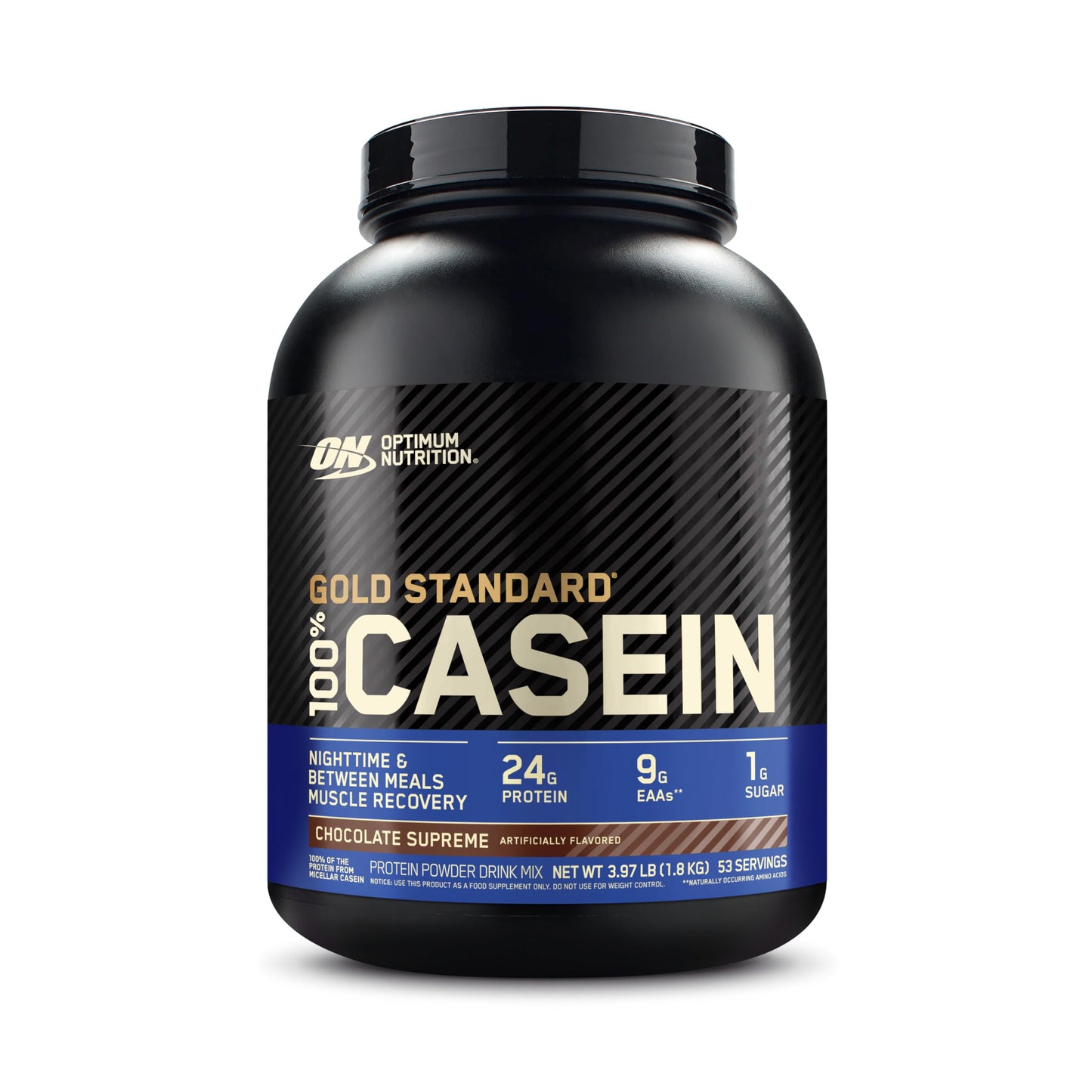 Optimum Nutrition Gold Standard 100% Casein protein powder container on a white background