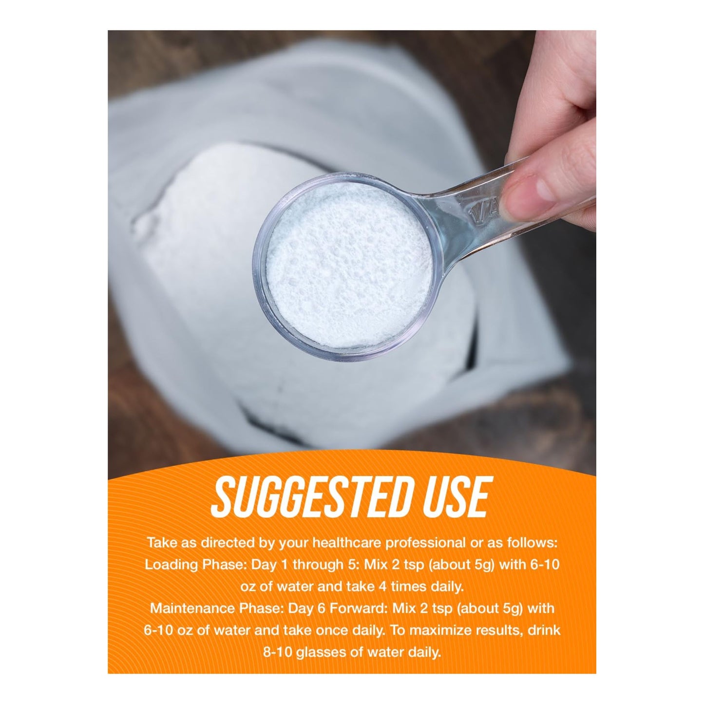 Hand holding a measuring spoon with a white powder over a container, with suggested use text at the bottom.