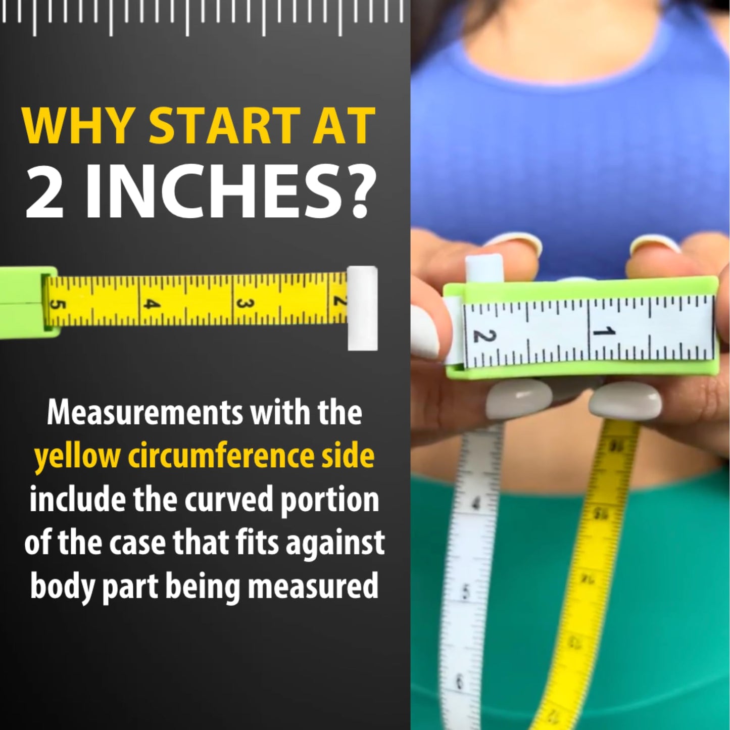 Measurement guide with a tape measure showing how to start at 2 inches, featuring text explaining measurement techniques.