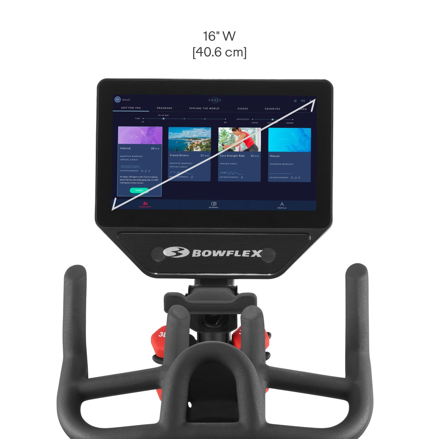 Bowflex exercise bike console with touchscreen display on a white background
