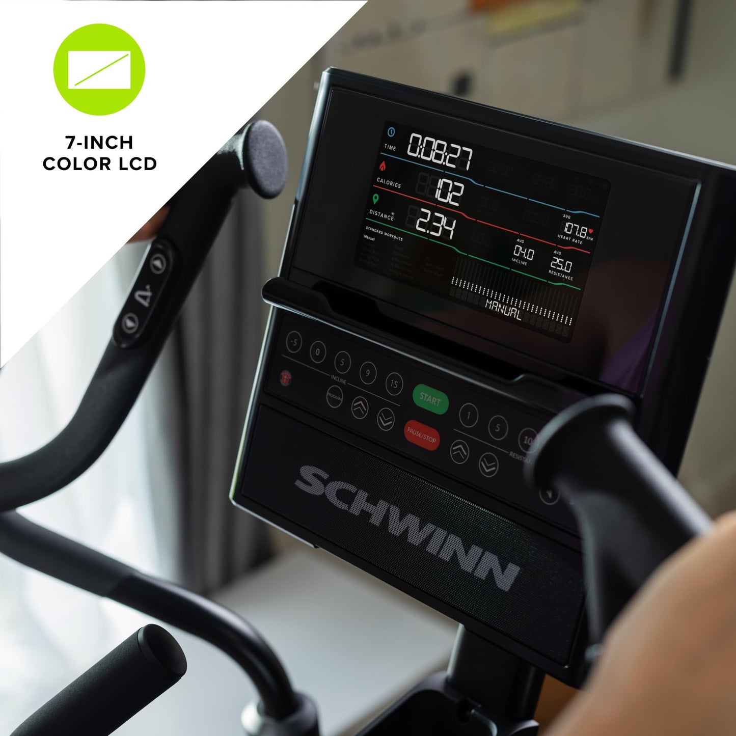 Close-up of a Schwinn exercise bike display with a 7-inch color LCD screen.