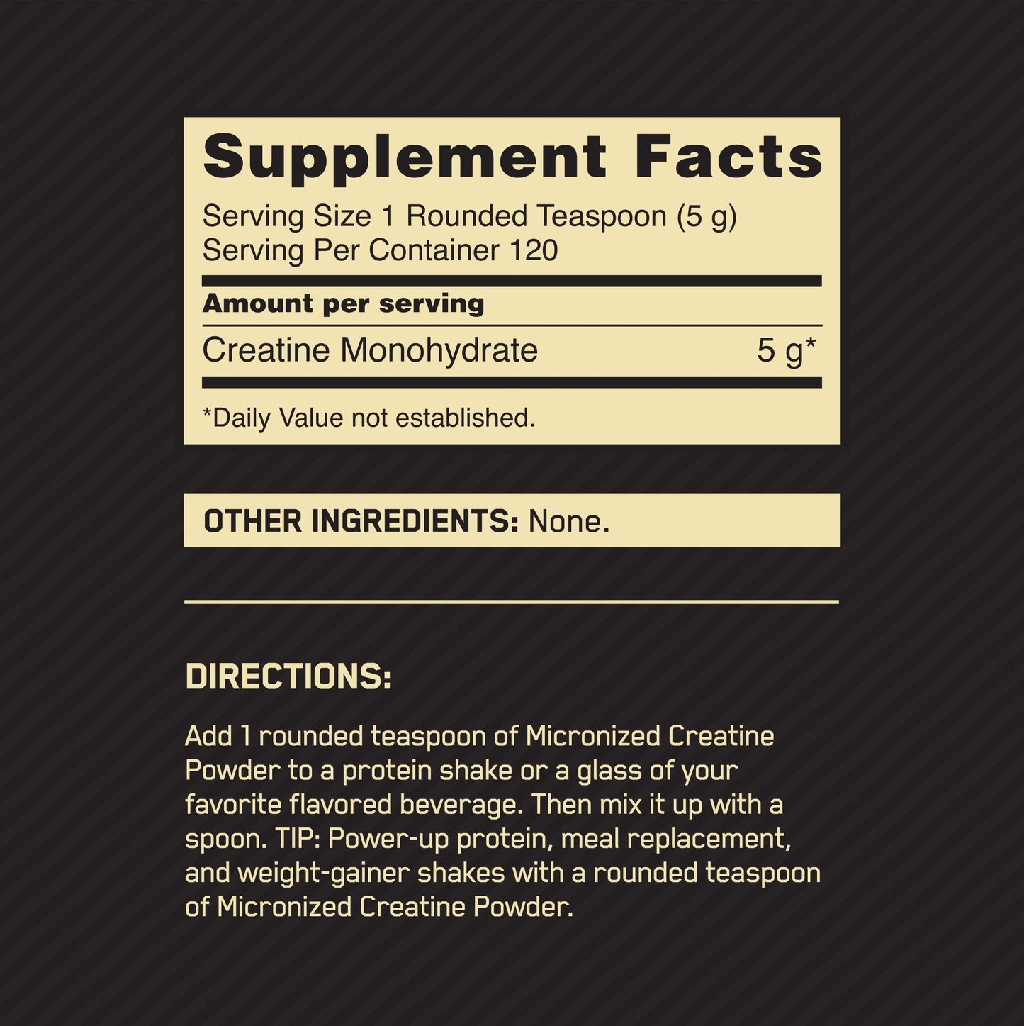 Supplement facts label for Micronized Creatine Powder on a black background