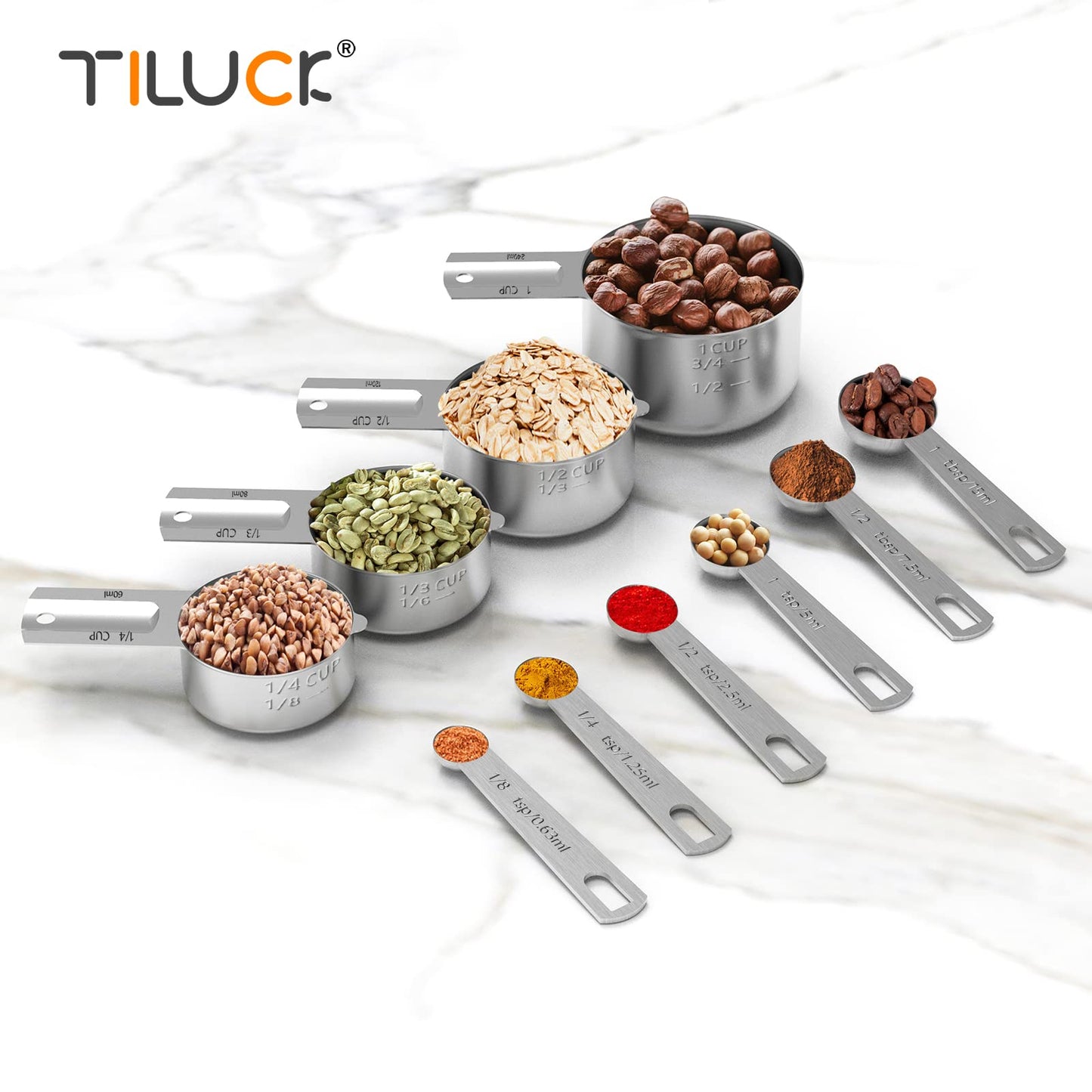 Set of stainless steel measuring cups and spoons with various dry ingredients on a white background, featuring the brand 'TILUCK'.