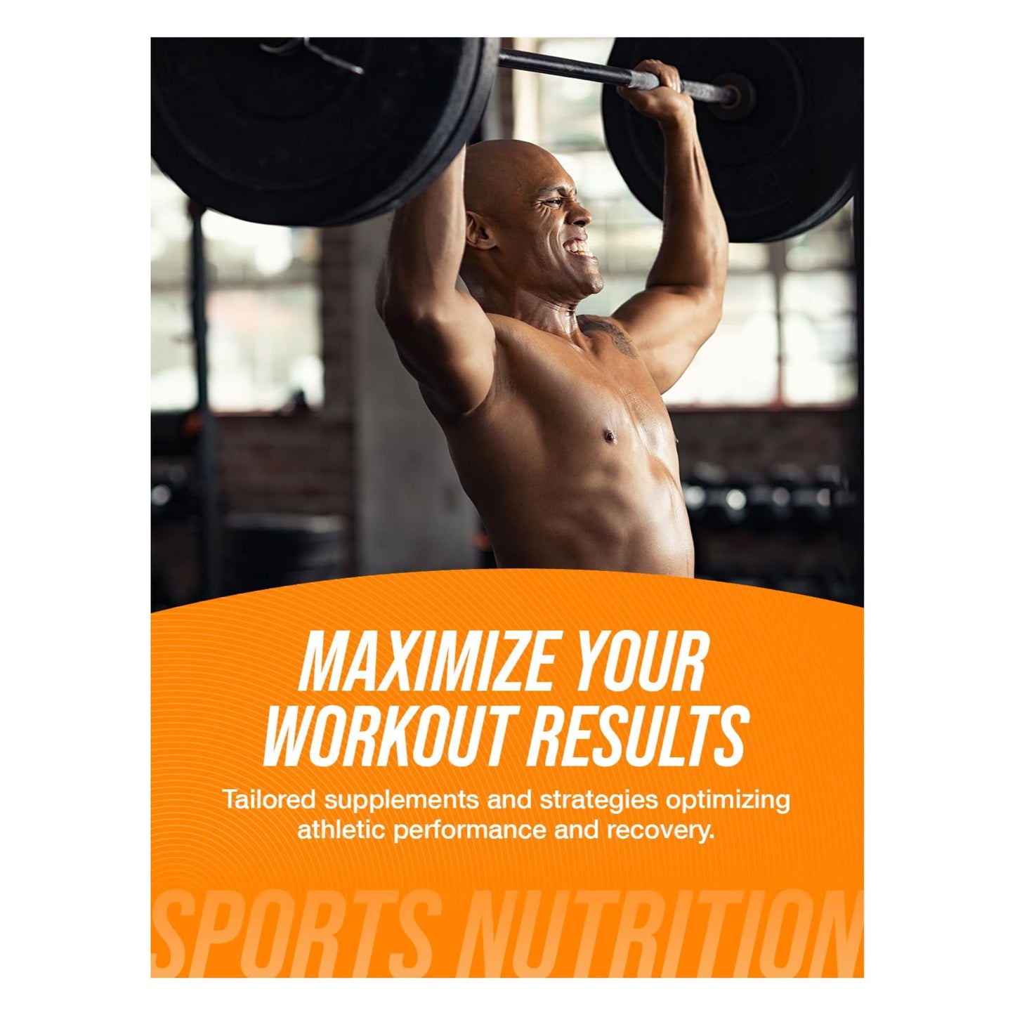 Man lifting weights with text about maximizing workout results and sports nutrition.