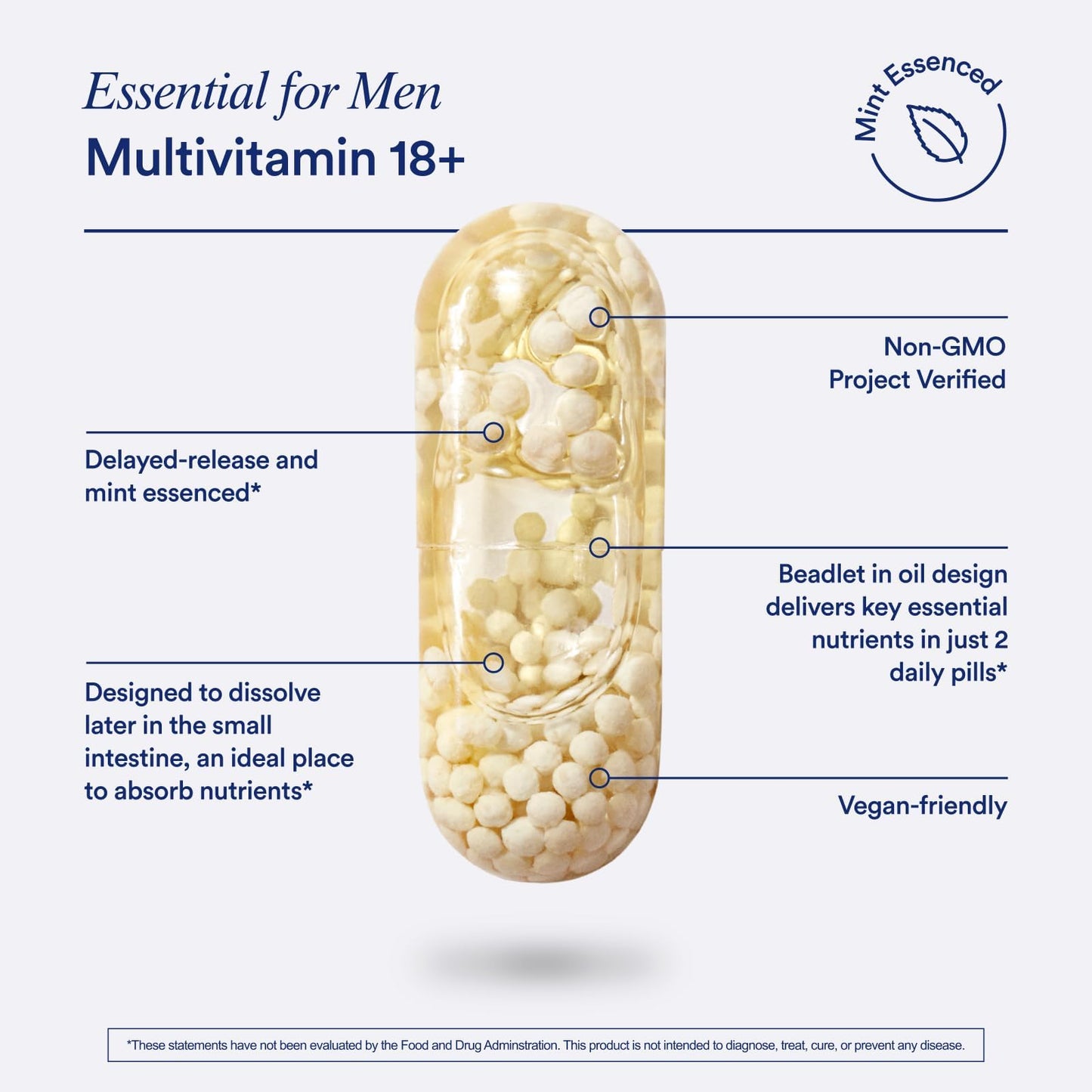 Multivitamin capsule with text highlighting features on a white background