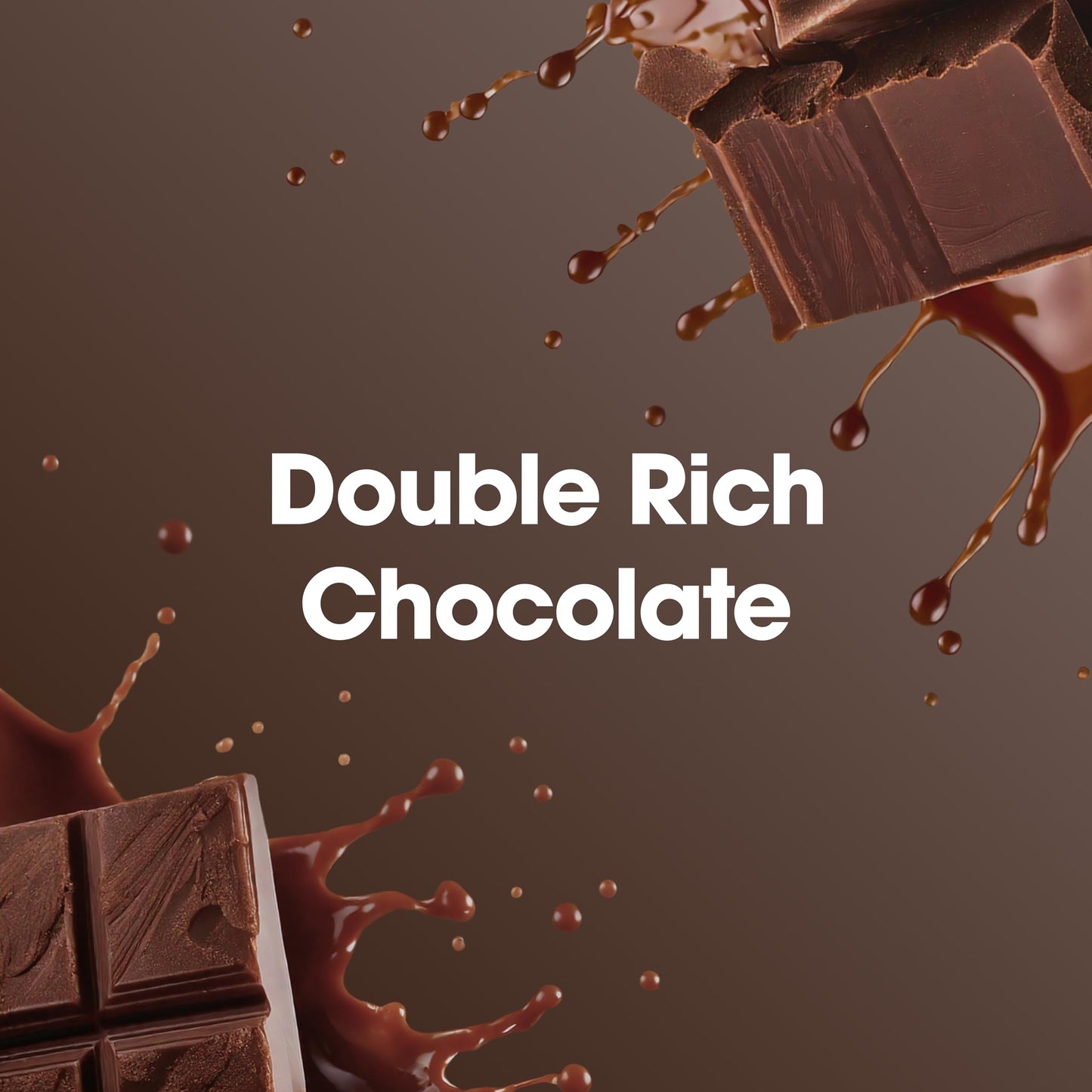 Chocolate bars with chocolate splashes and 'Double Rich Chocolate' text on a dark background