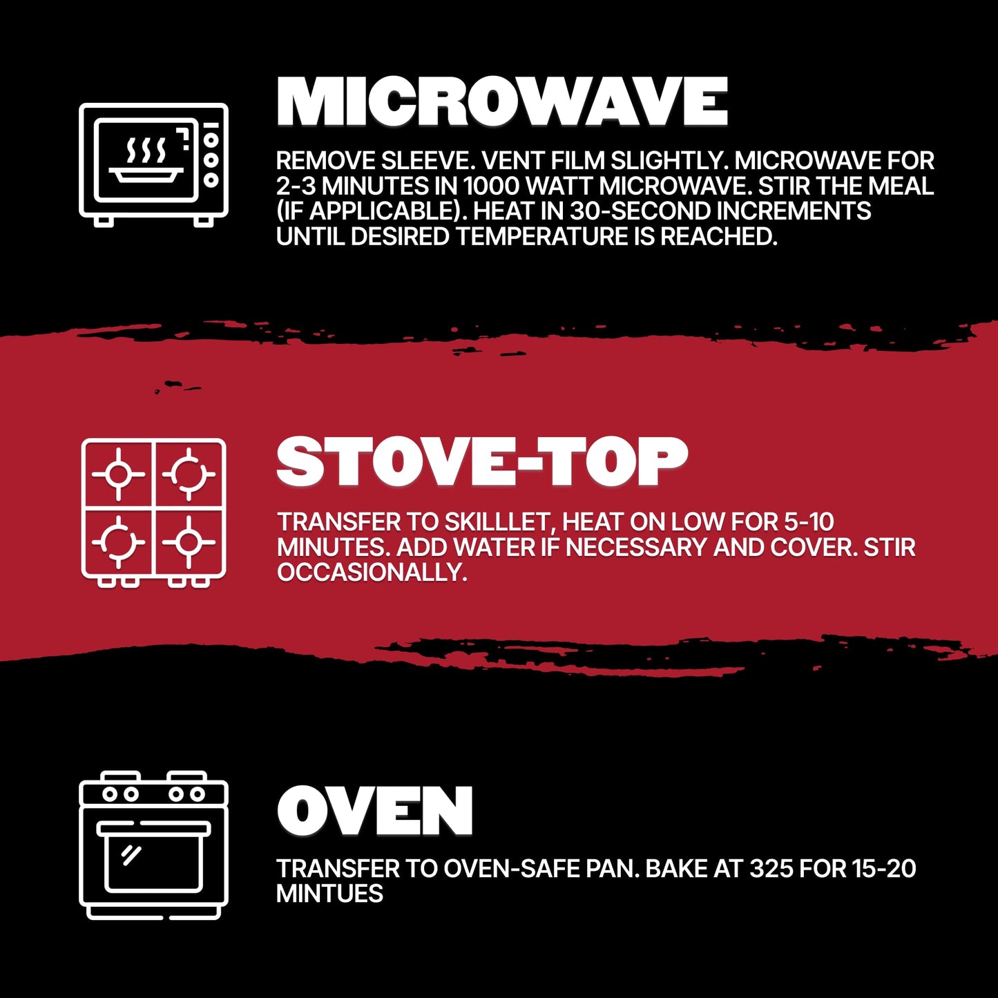 Instructions for heating a product using microwave, stove-top, and oven.