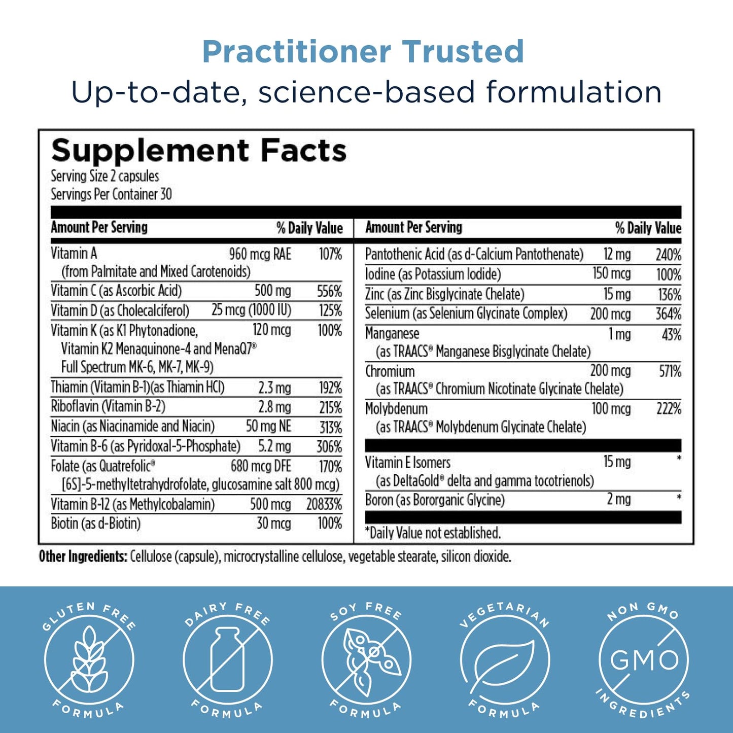 Supplement facts label with detailed nutritional information and certification icons at the bottom.
