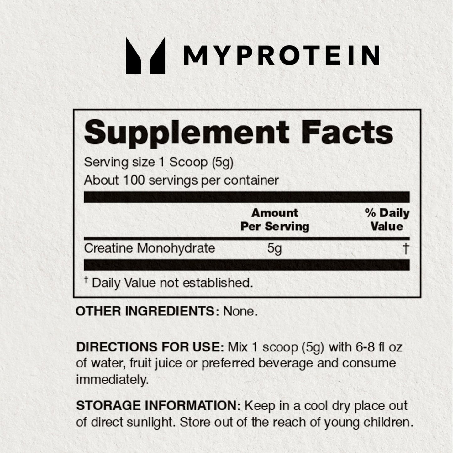 MyProtein supplement facts label on a white background