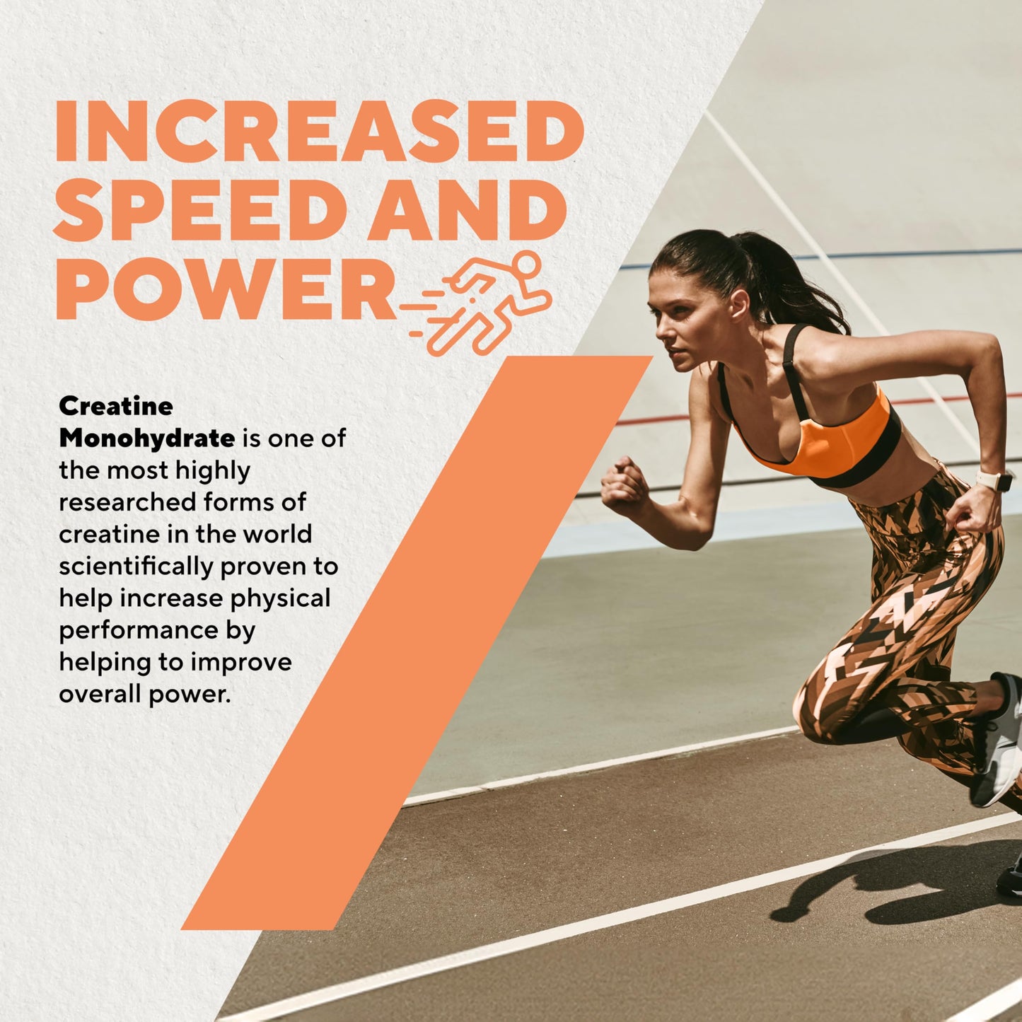 Woman running on a track with text about increased speed and power.
