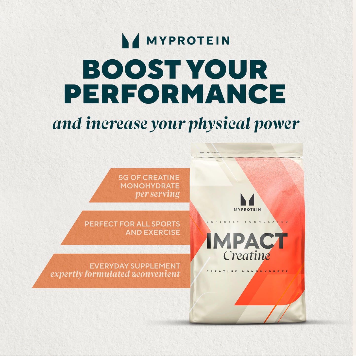 MyProtein Impact Creatine supplement packaging with promotional text on a light gray background