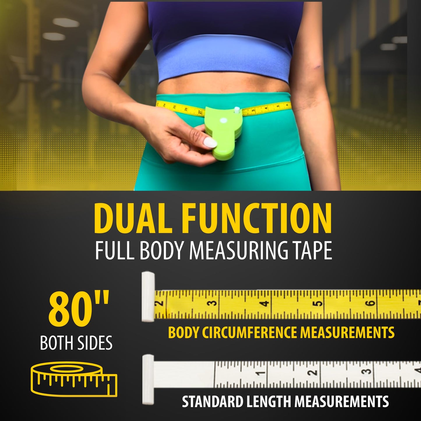Person wearing a blue top and green shorts with a yellow measuring tape around their waist, against a blurred indoor background.