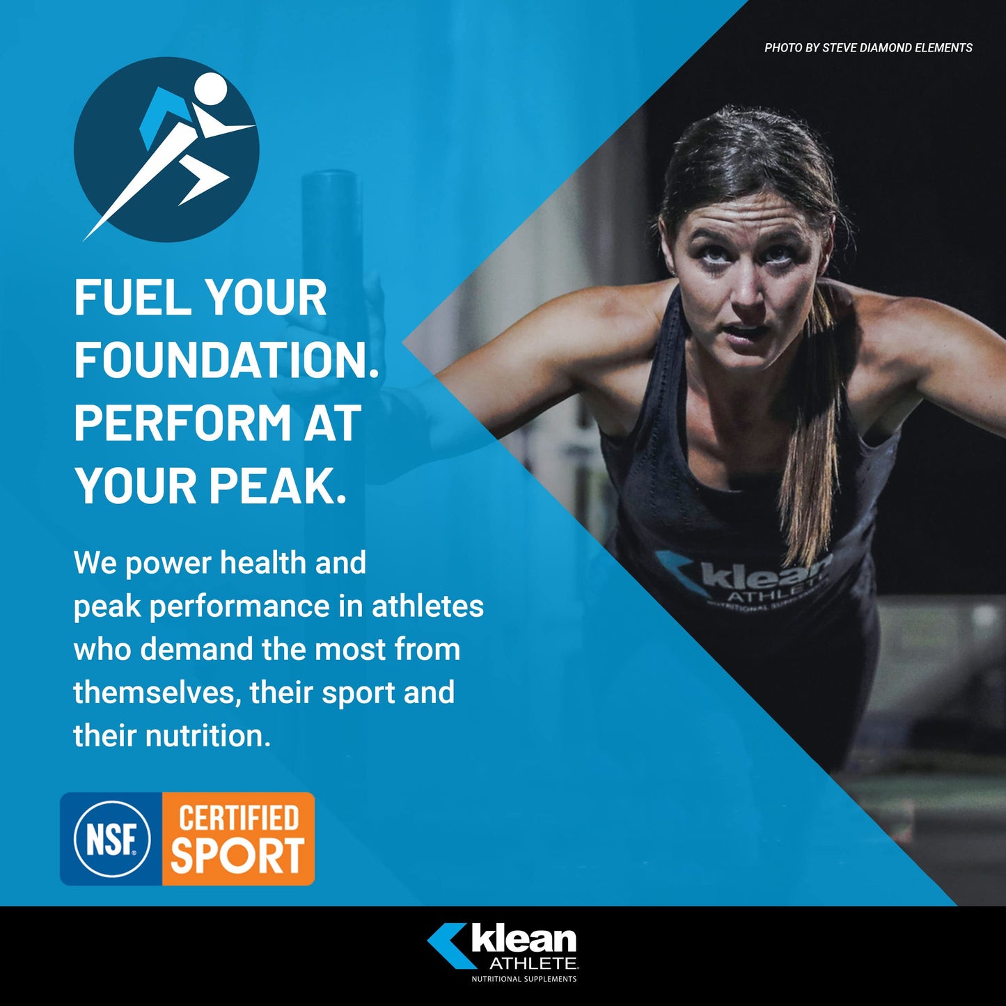 Advertisement for Klean Athlete with a woman exercising and promotional text on a blue background.