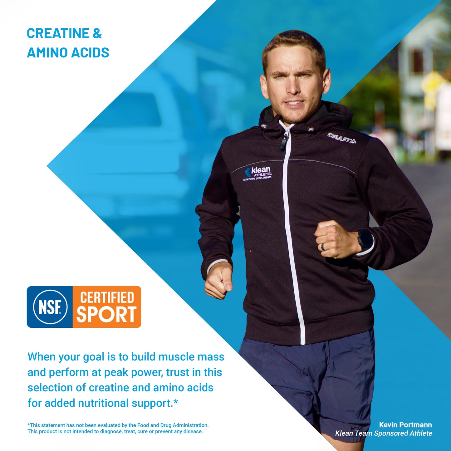 Man running outdoors wearing a Klean branded jacket with NSF Certified Sport logo.