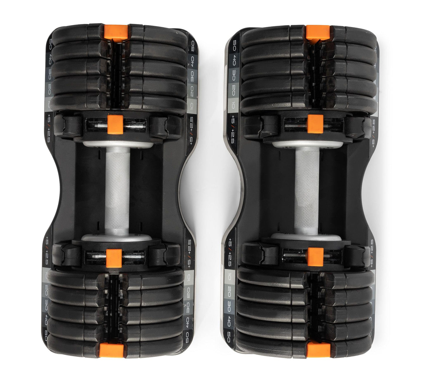 Pair of black and orange dumbbells on a white background