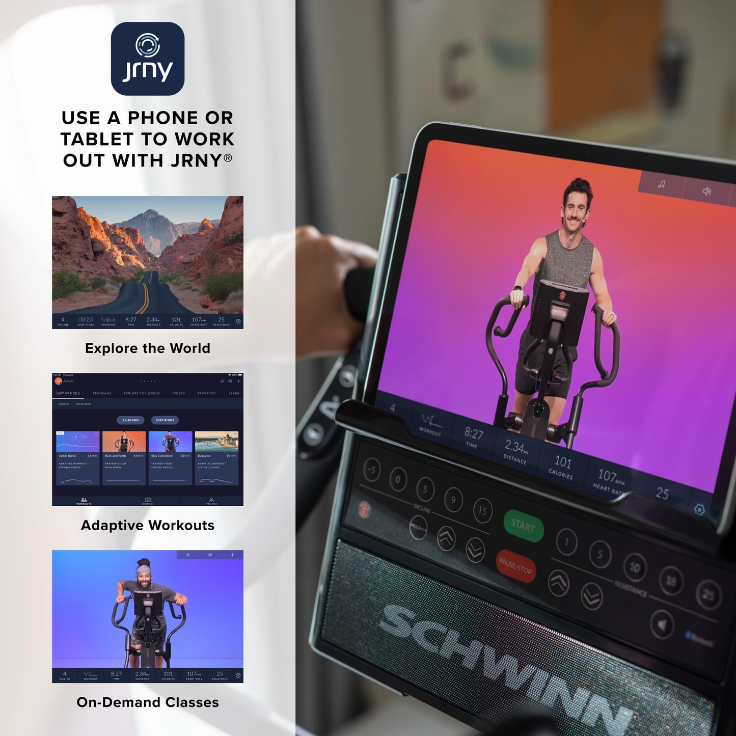 Schwinn exercise bike with a tablet displaying a fitness app interface, featuring JRNY branding.