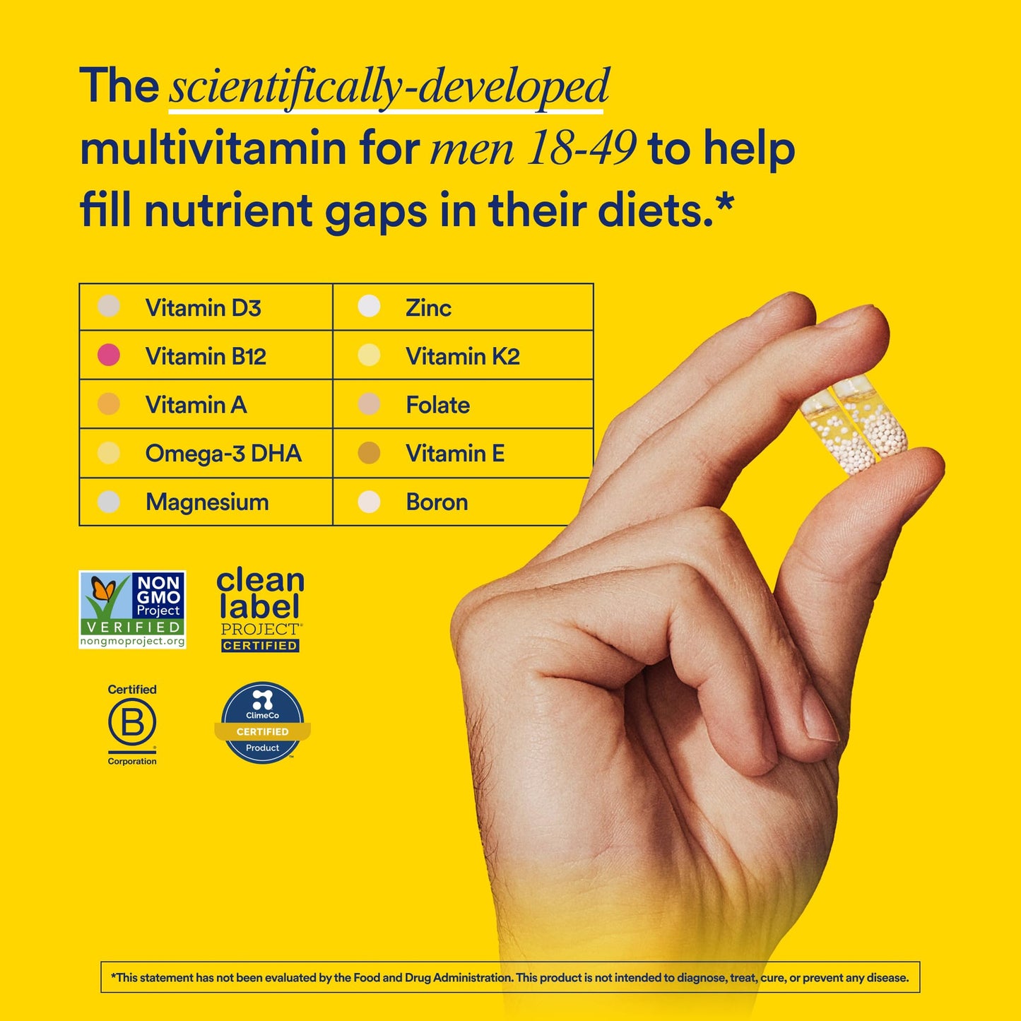 Multivitamin supplement being held in a hand with product details on a yellow background