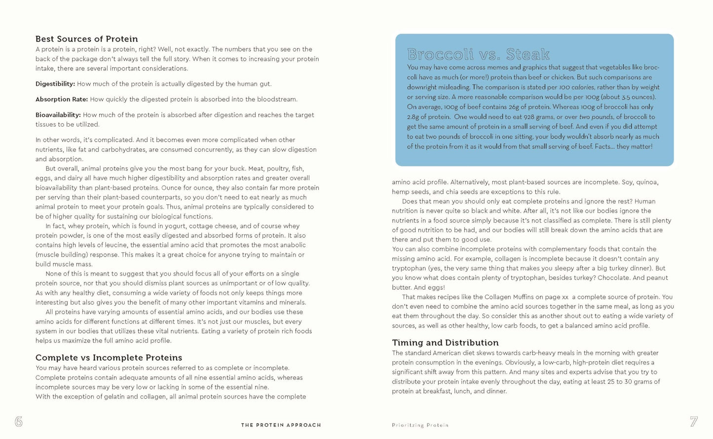 Page from a book or document about protein sources with text and a blue sidebar.