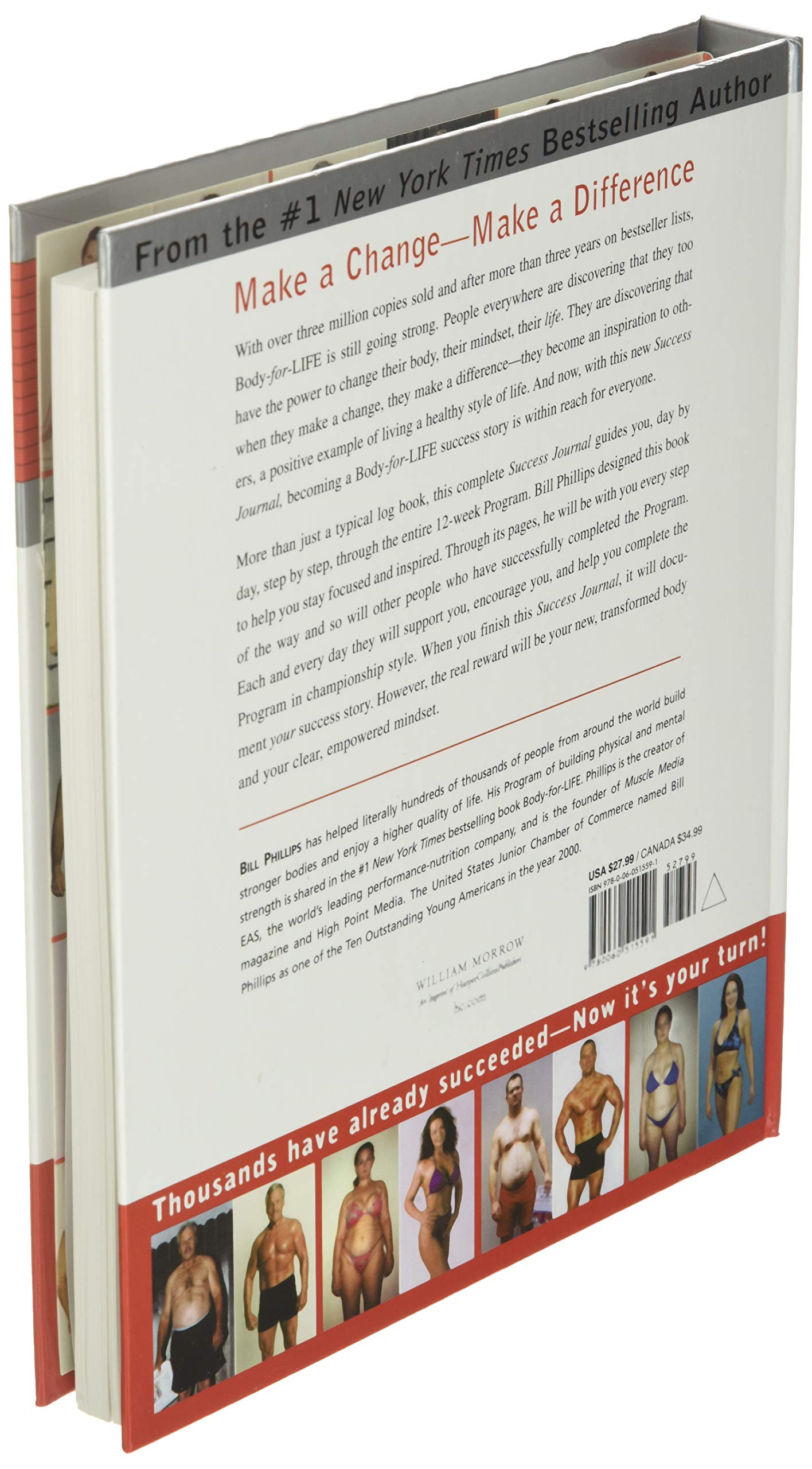 Back cover of a book with text and images of people on a white background