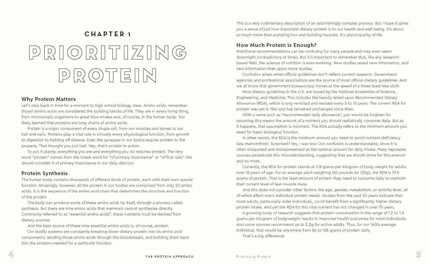Book page with text on protein synthesis and dietary considerations