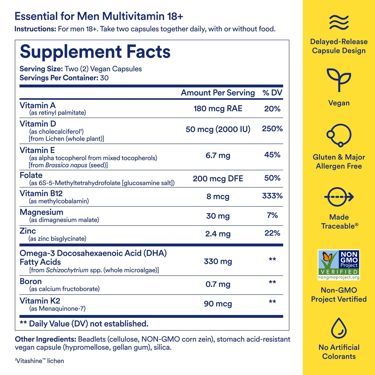 Multivitamin supplement facts label with detailed nutritional information on a white background.
