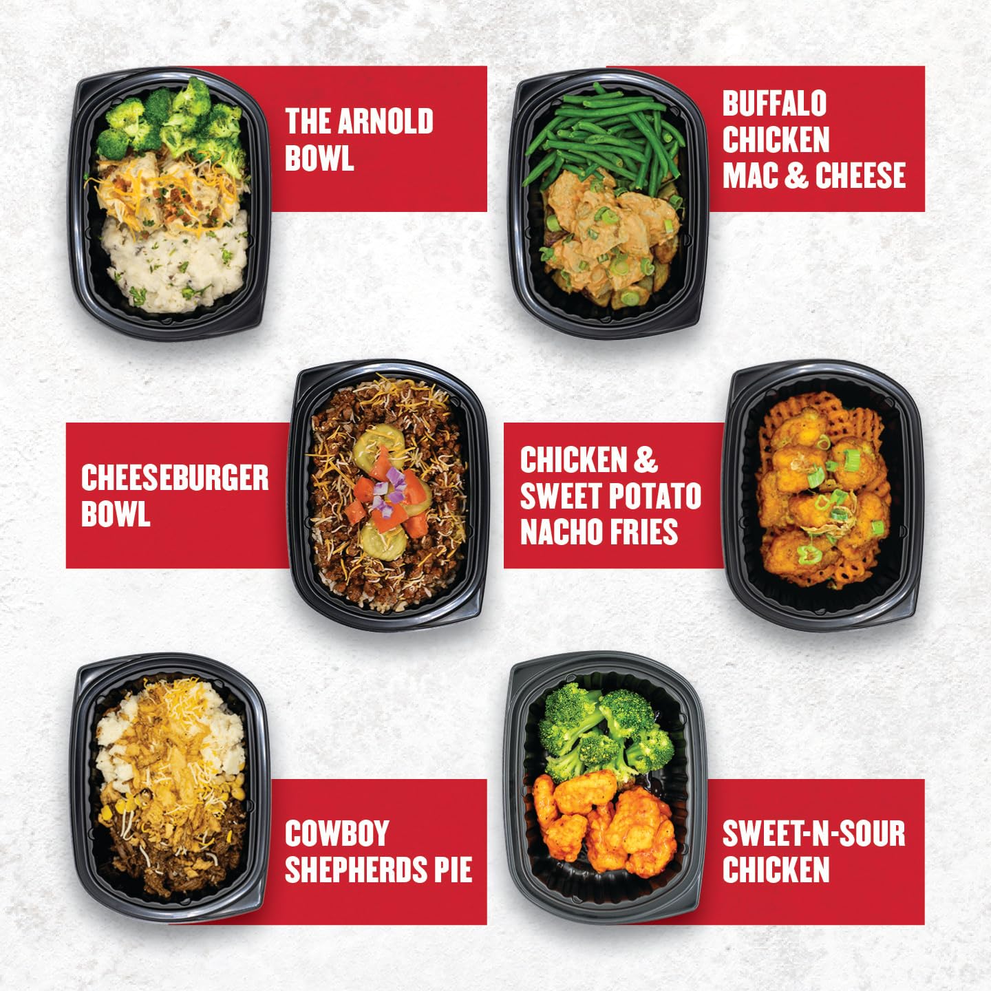 Assorted fast food meals in black containers with red labels on a white background