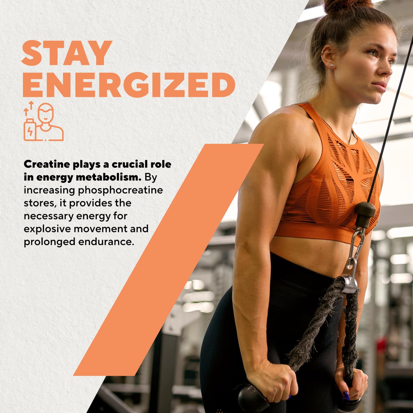 Woman exercising with text about creatine and energy metabolism in a gym setting