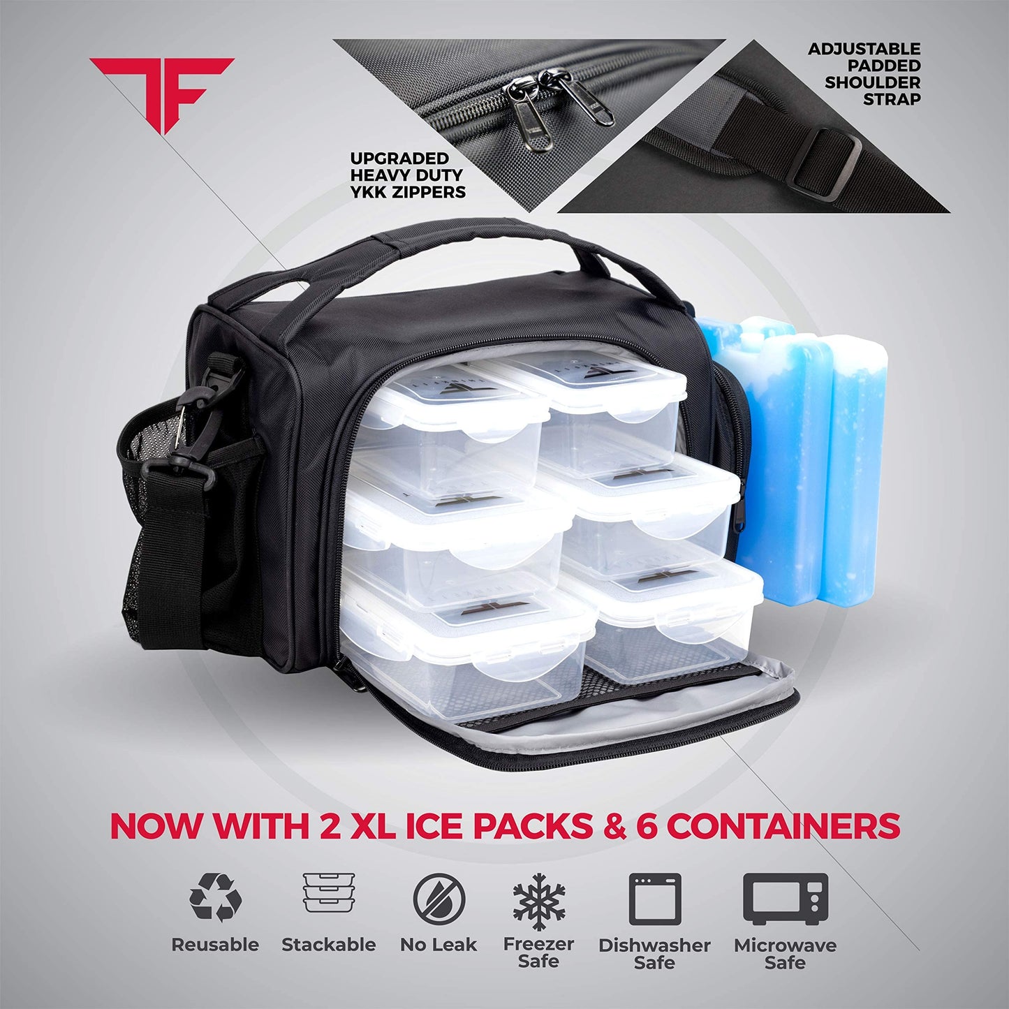 Black cooler bag with containers and ice packs on a gray background