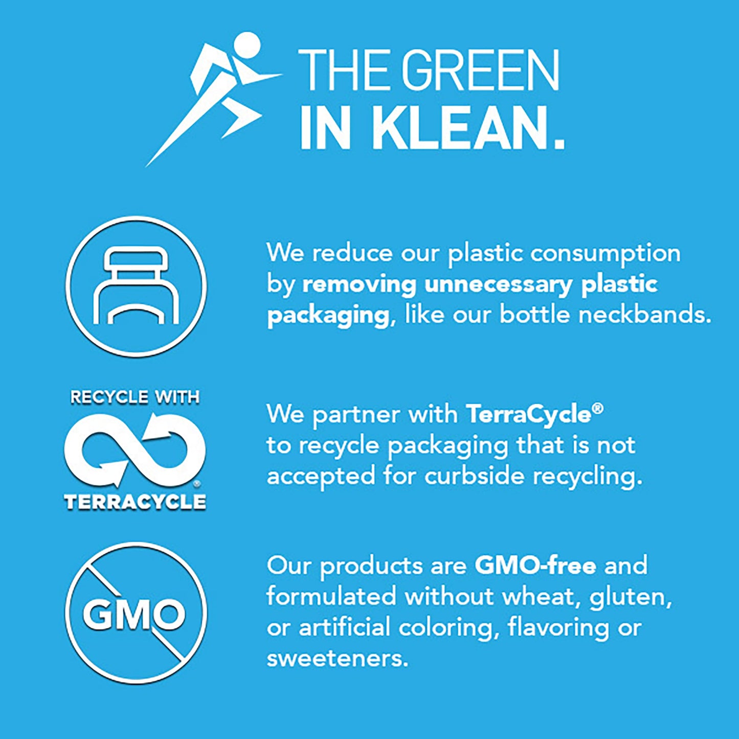 Environmental sustainability and product information graphic with Klean branding on a blue background.
