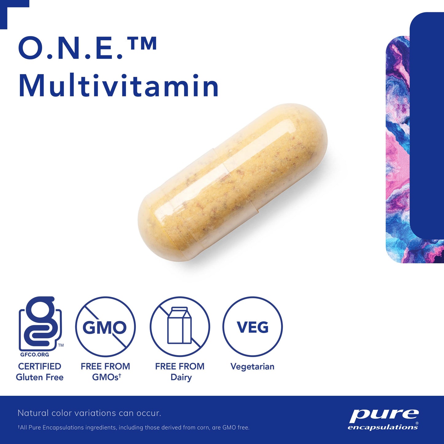 Multivitamin capsule with 'O.N.E.' branding on a white background