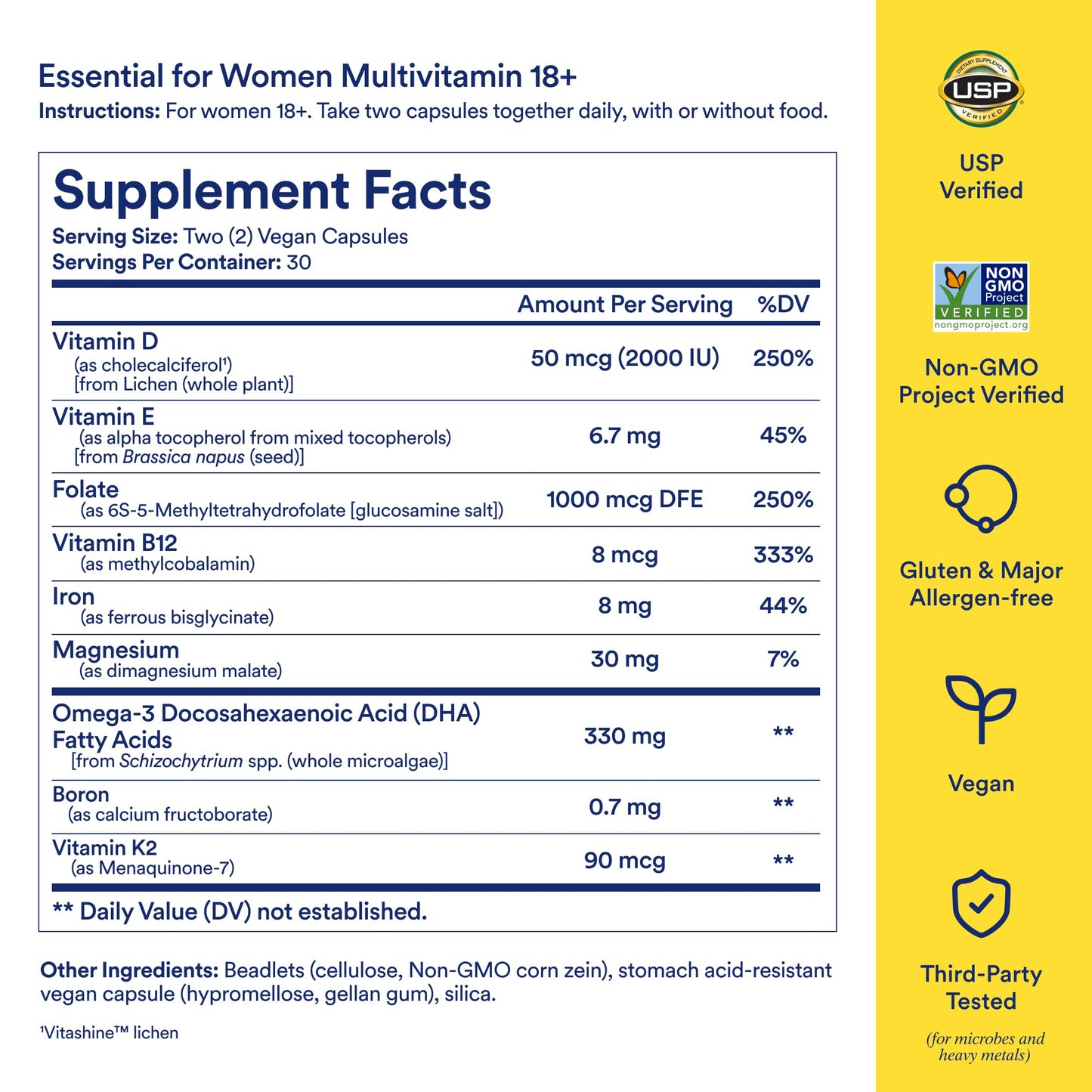 Multivitamin supplement label with detailed nutritional information and LSP logo on a yellow background