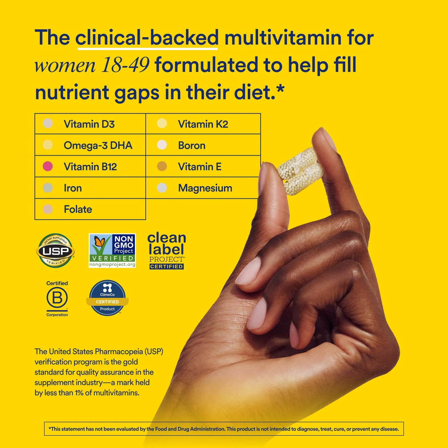 Multivitamin supplement with hand holding a capsule on a yellow background, featuring USP and clean label partner certifications.