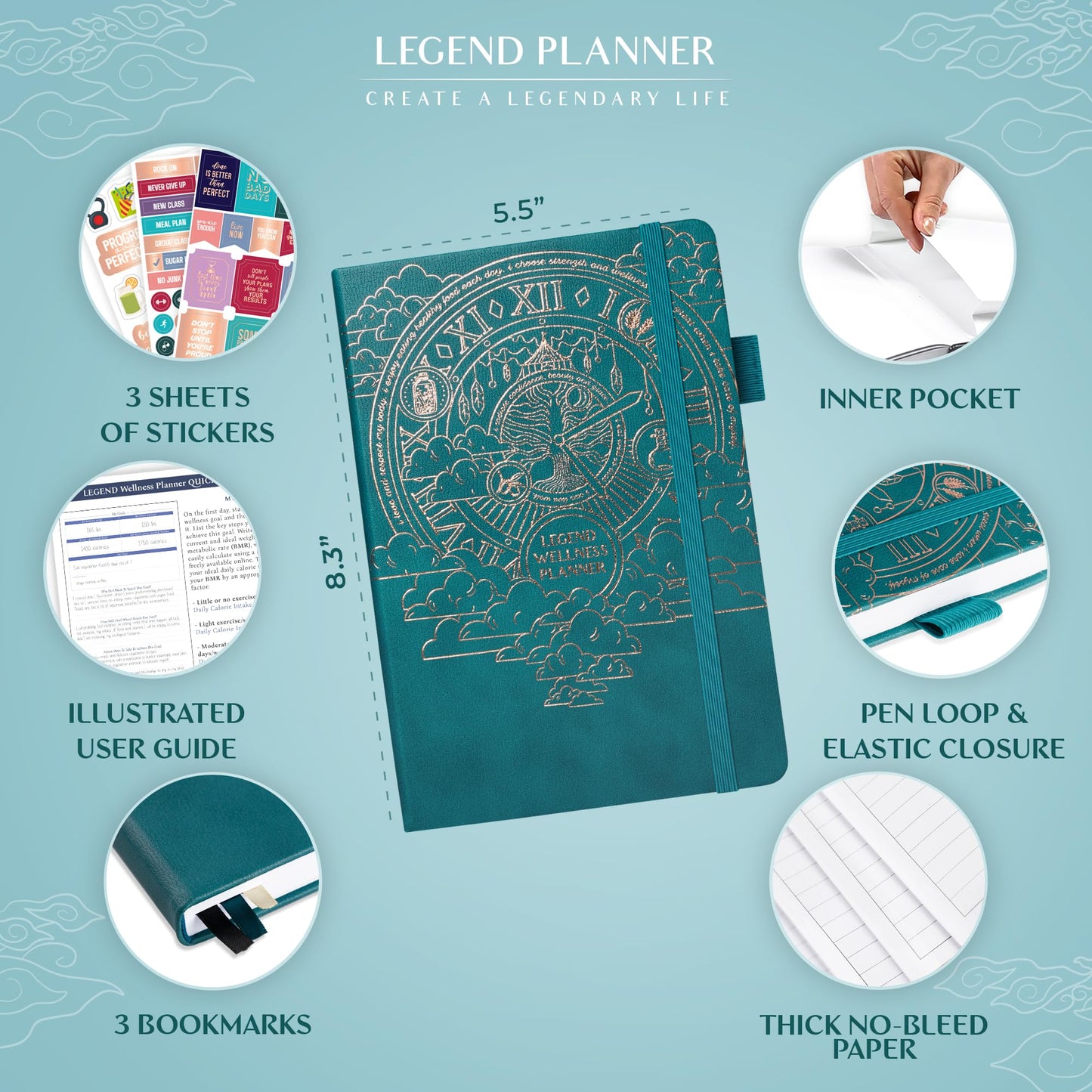 Teal planner with features highlighted on a light blue background