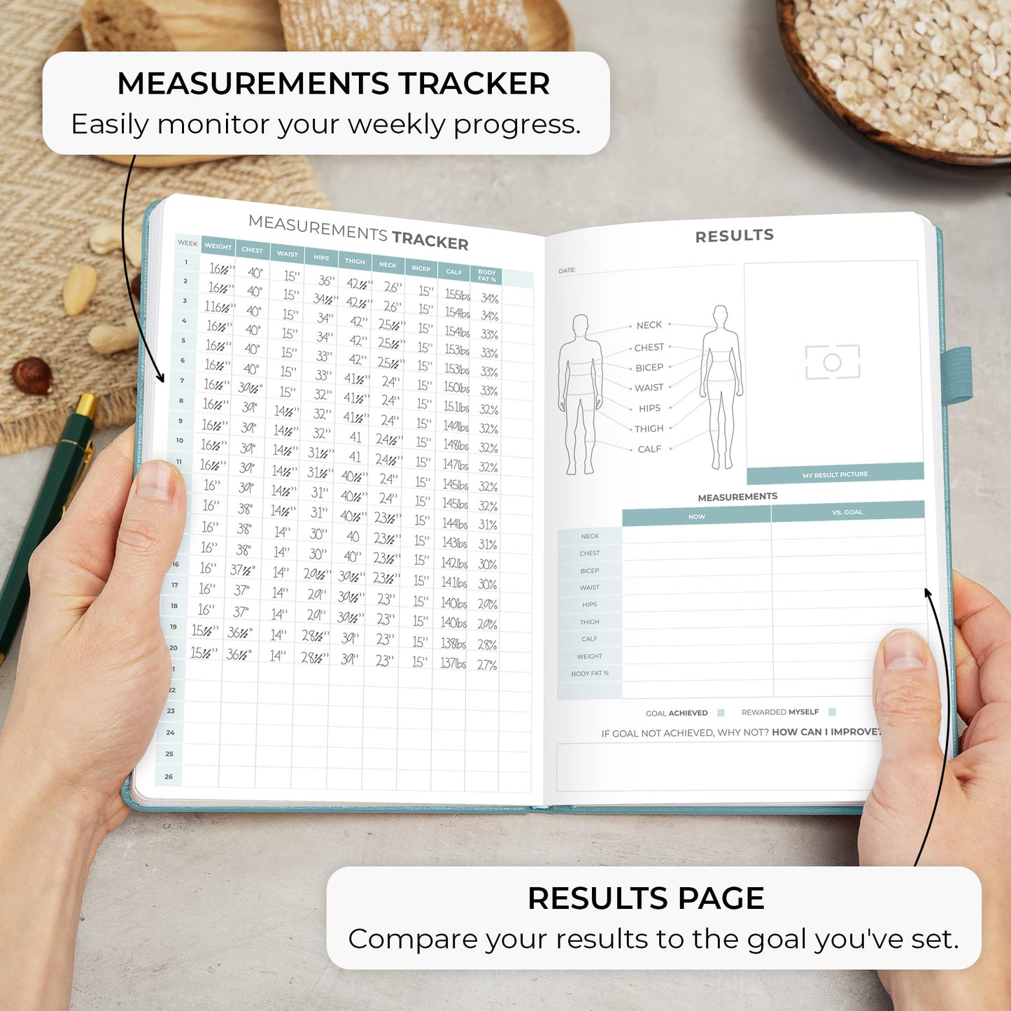 Measurement tracker book held open with text indicating its use for monitoring weekly progress and comparing results.