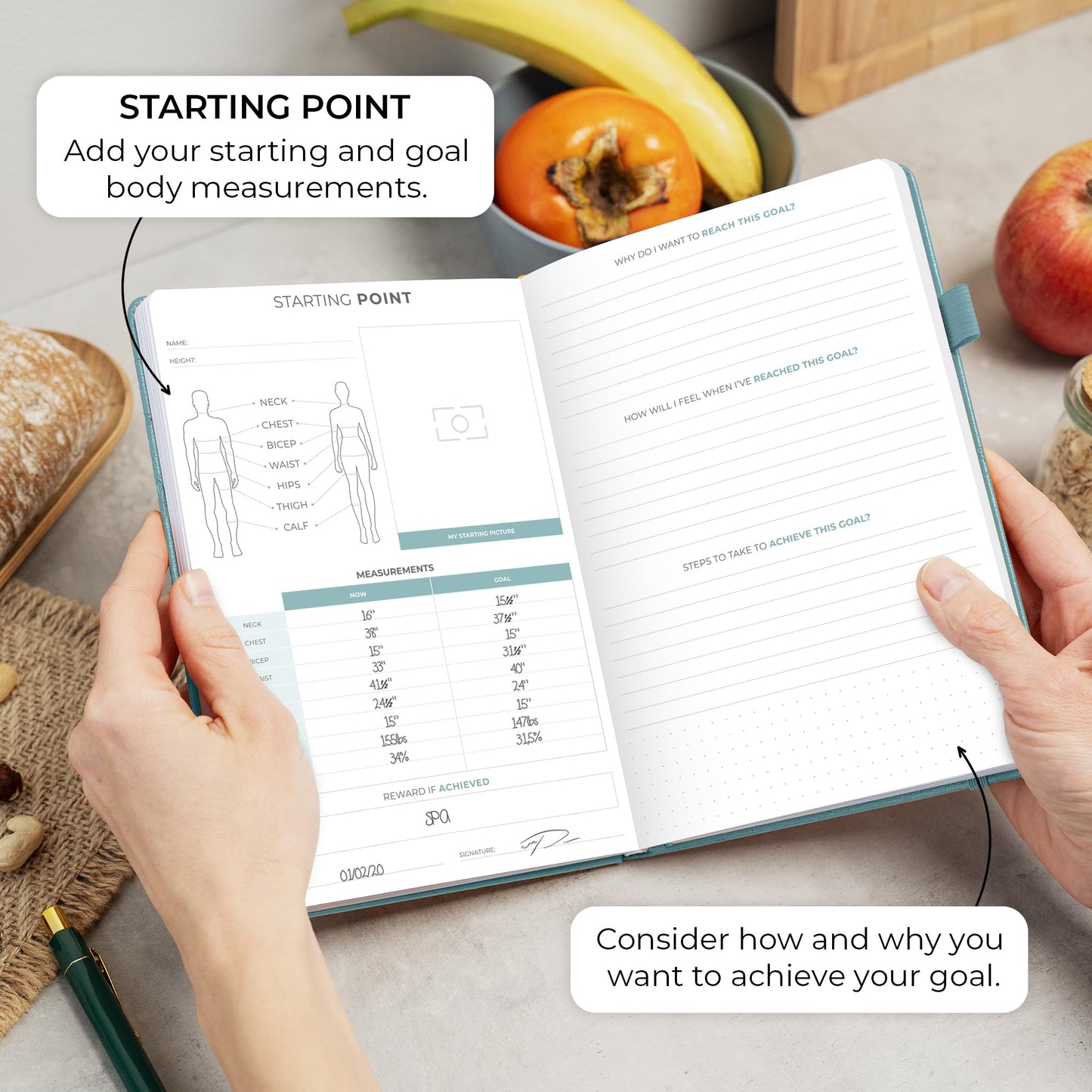 Person holding a notebook with measurement charts on a table with fruits and bread.
