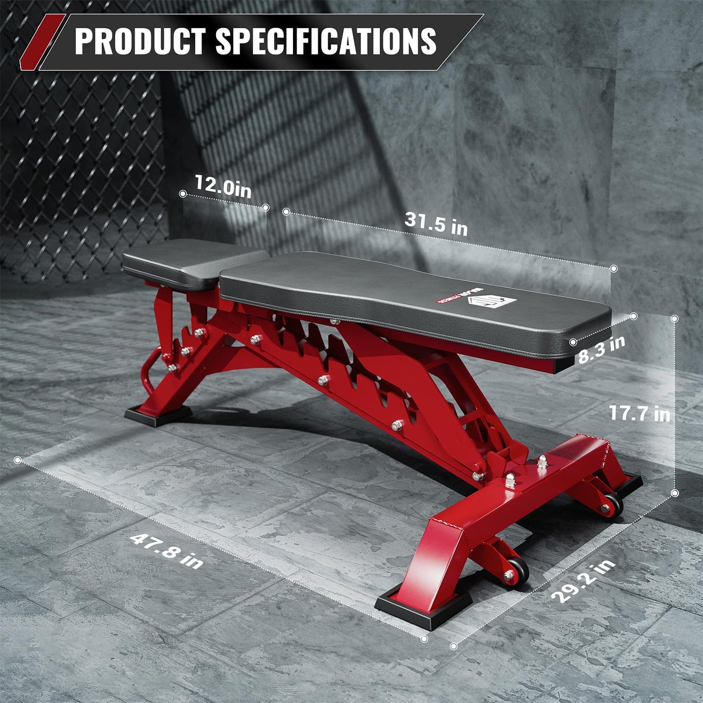 Red adjustable weight bench with measurements on a gray floor background