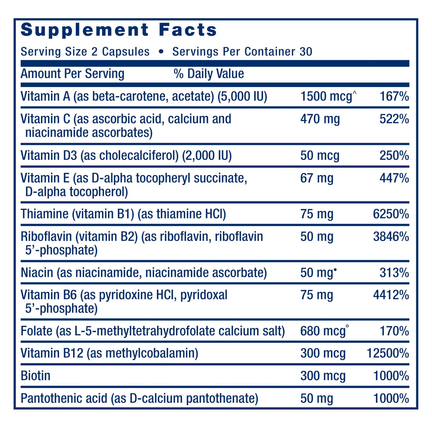 Supplement facts label with detailed nutritional information on a white background