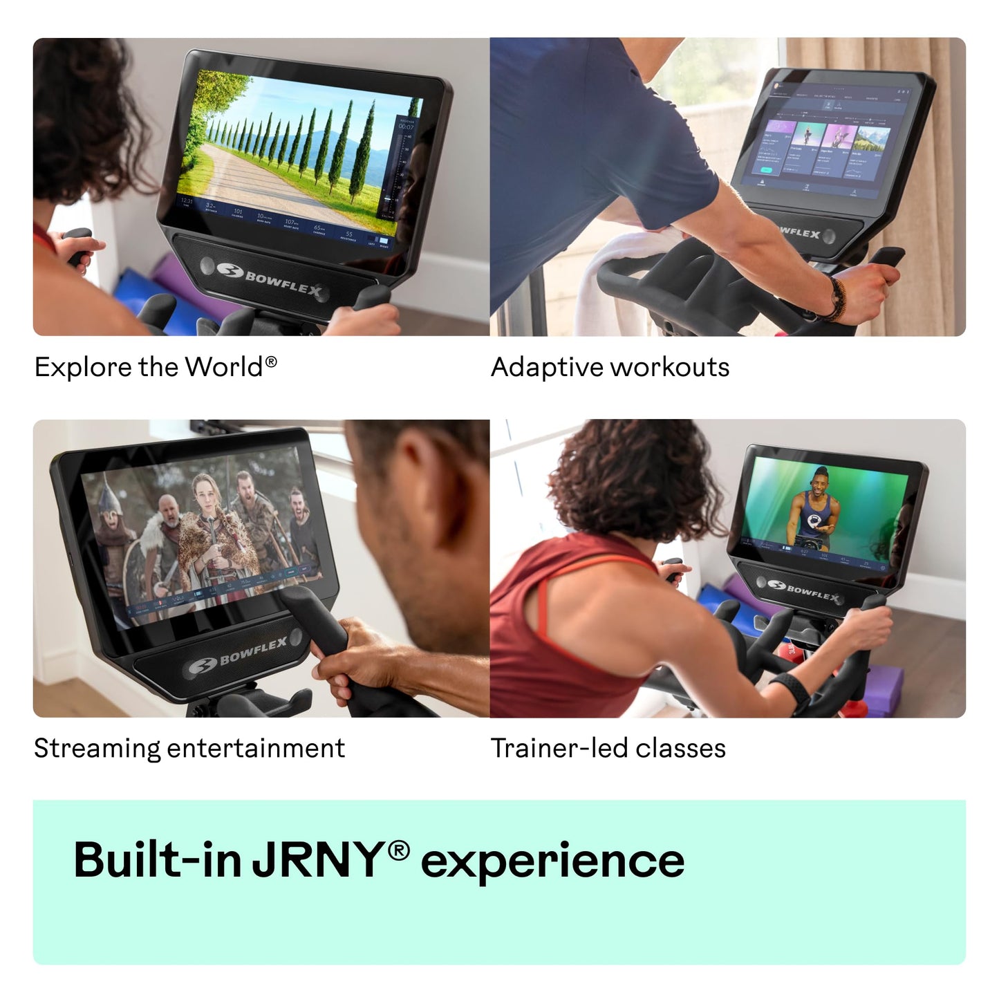 Fitness equipment with screens displaying various activities and text about features.