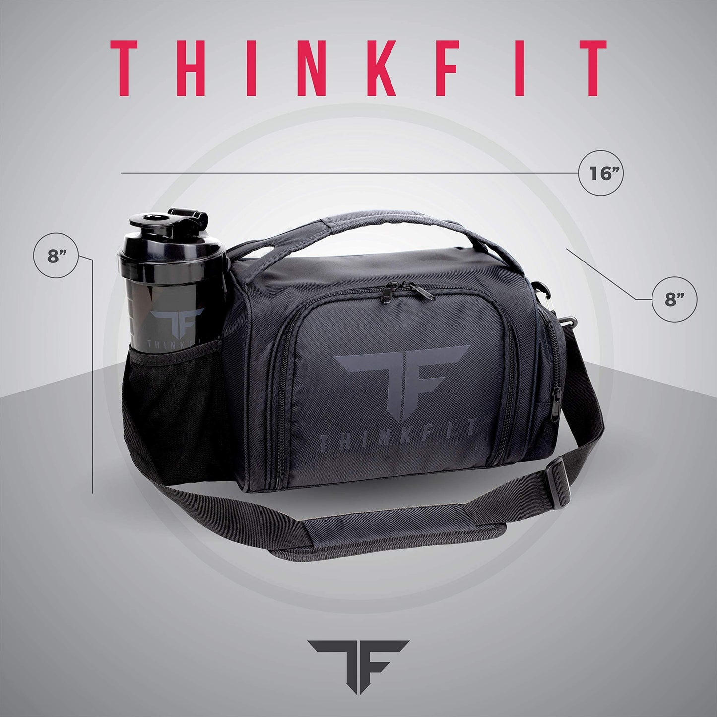 Black duffel bag with ThinkFit branding and a shaker bottle on a gray background