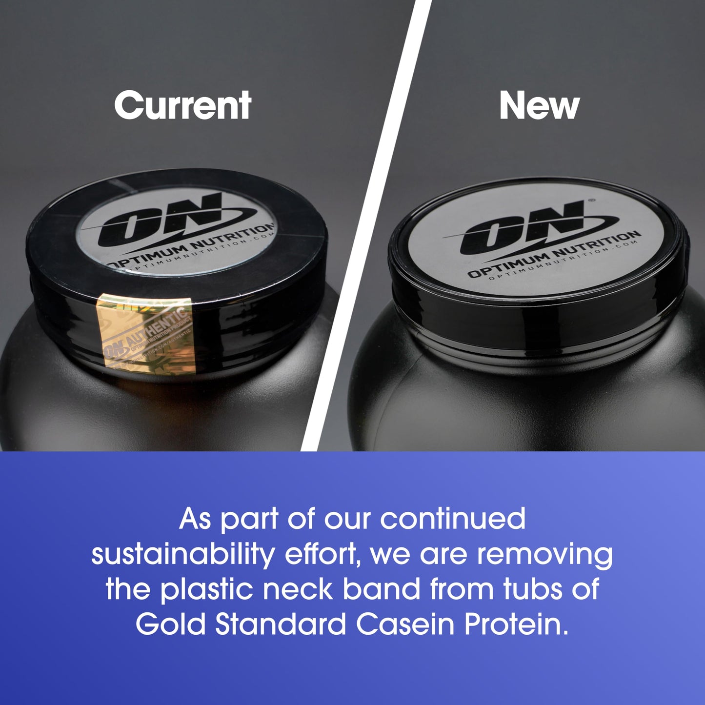Comparison of Optimum Nutrition Gold Standard Casein Protein lids with and without a plastic neck band.