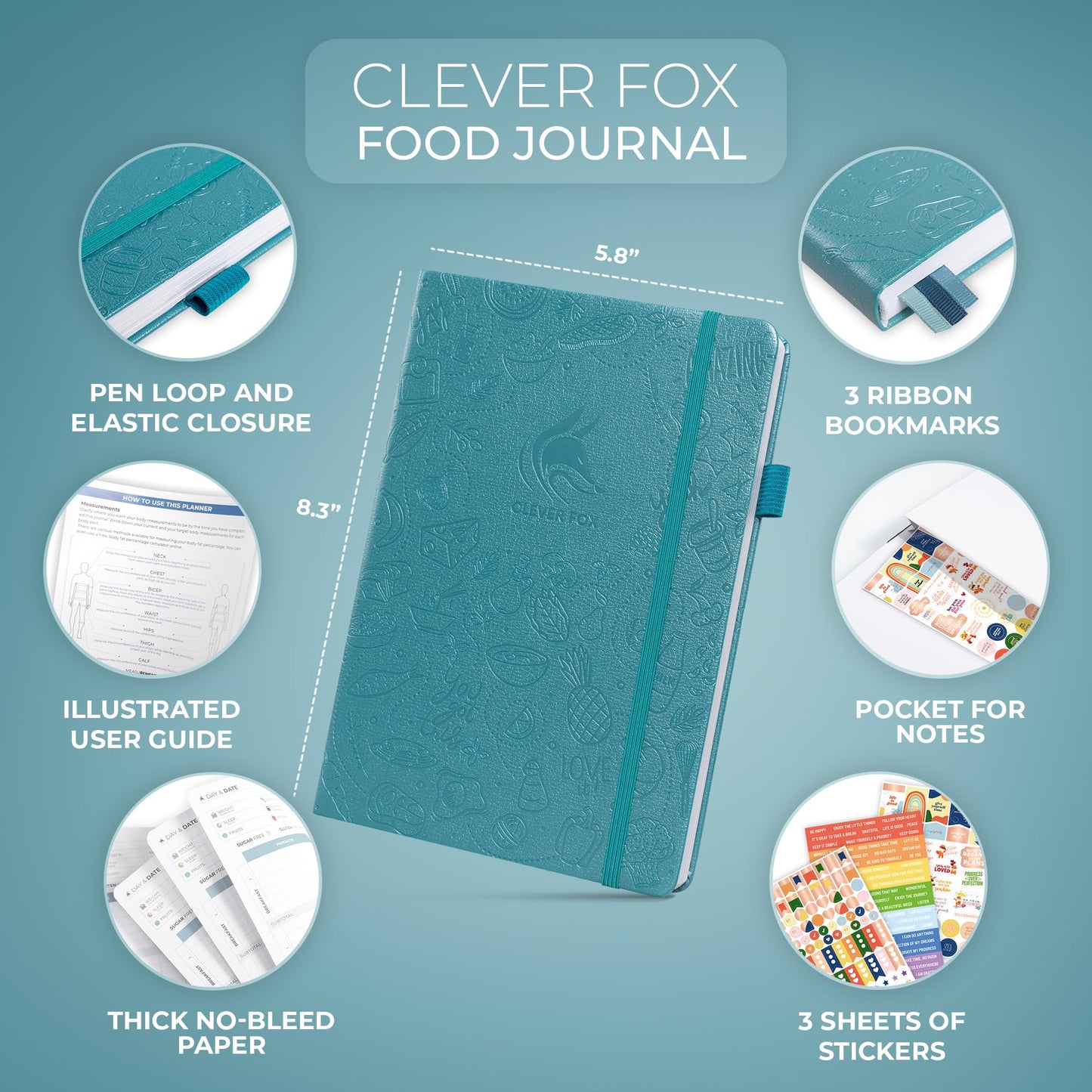 Teal food journal with features highlighted on a blue background