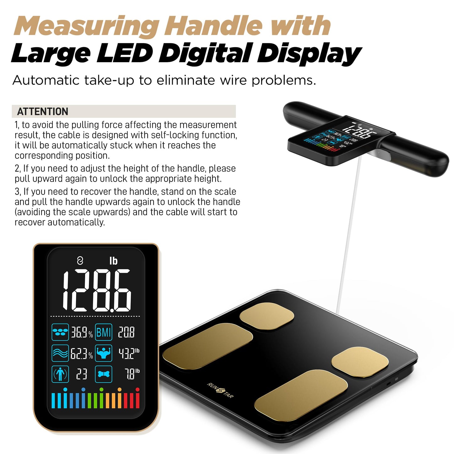 Digital body fat scale with large LED display and measuring handle on a white background