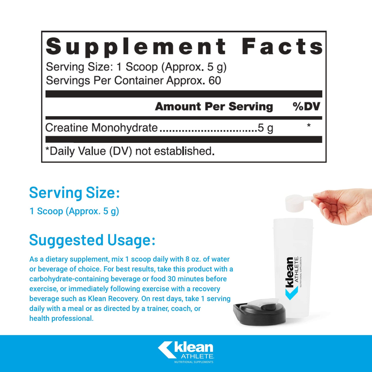 Supplement facts label with a hand holding a scoop and Klean Athlete container.
