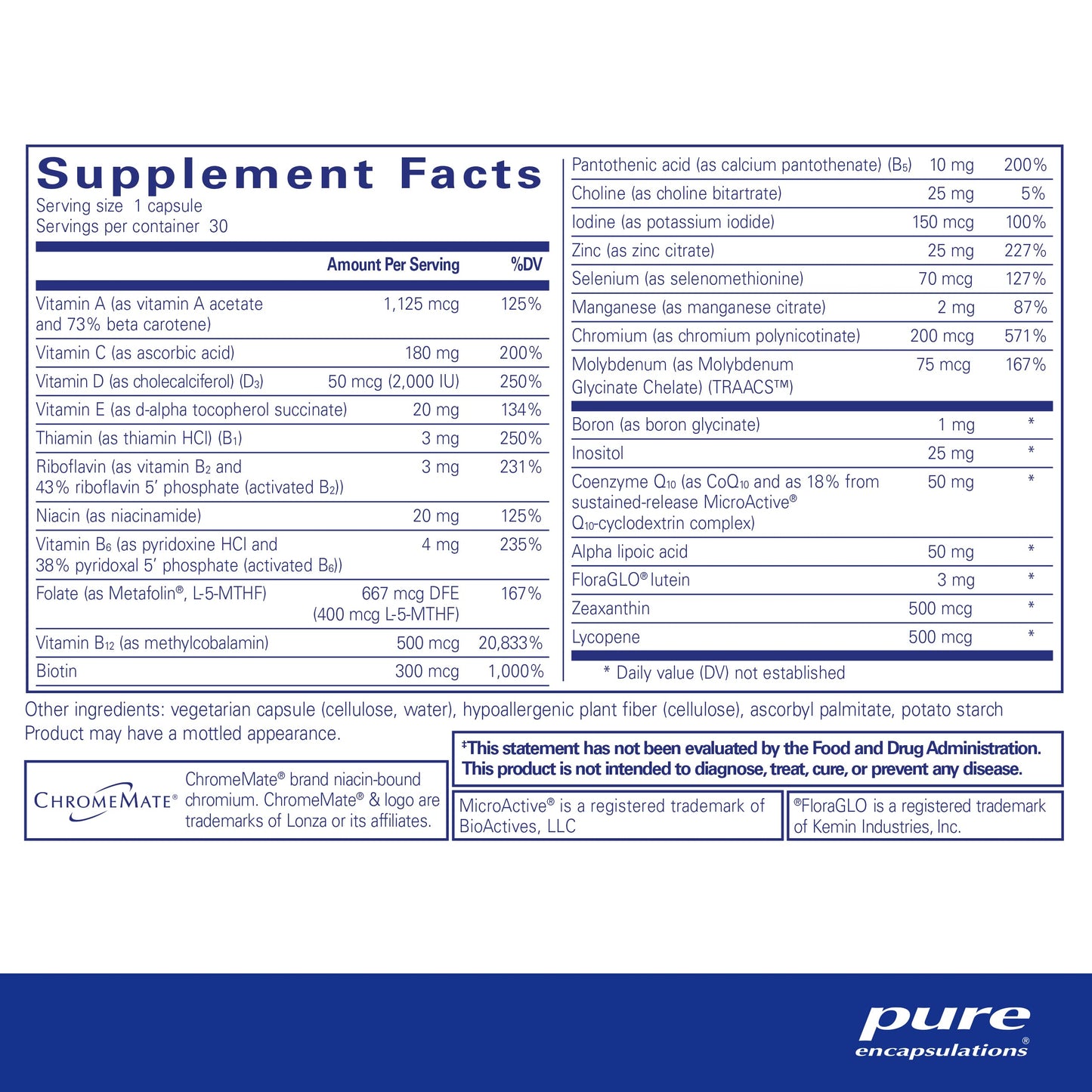 Supplement facts label for pure encapsulations product