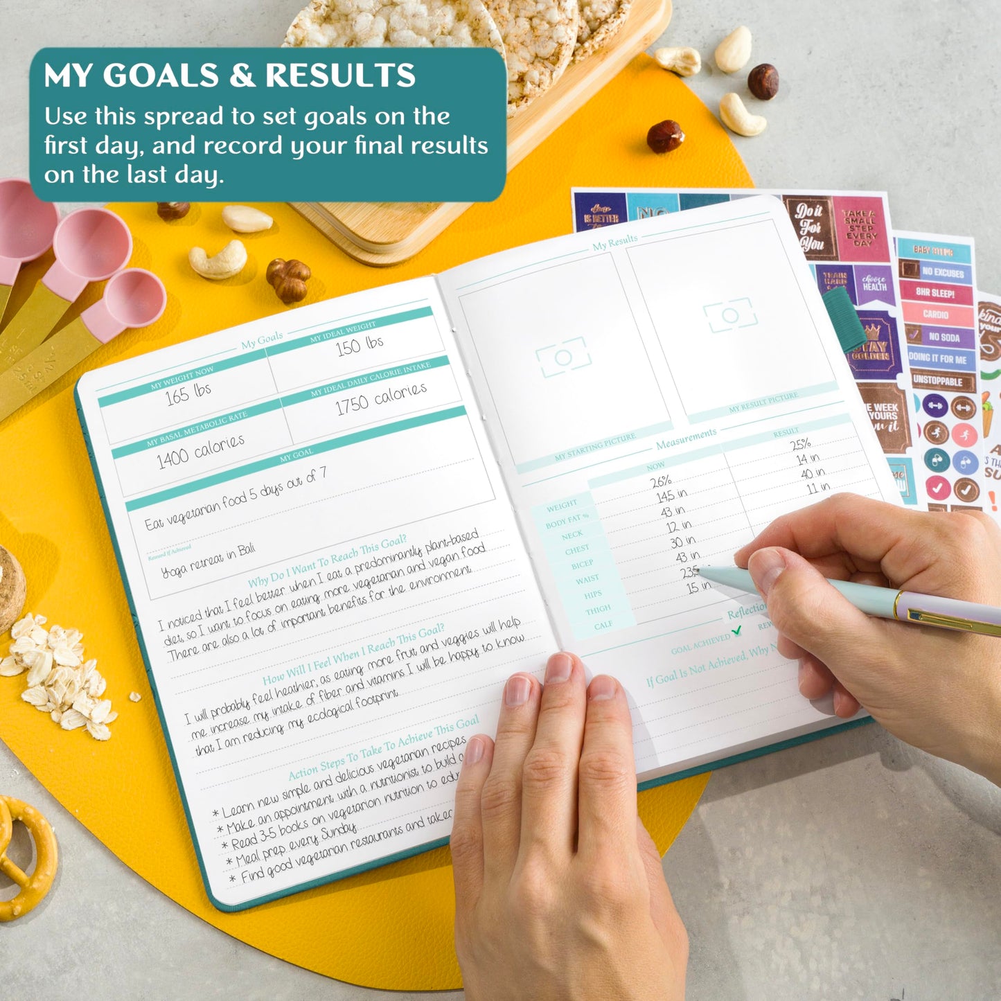 Person using a planner with a yellow surface and snacks around