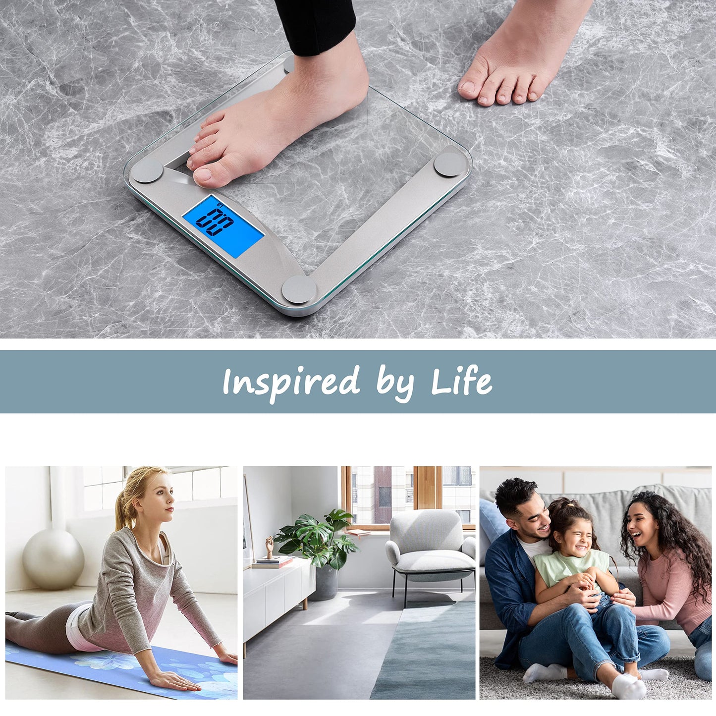 Digital bathroom scale on a marble floor with lifestyle images below.